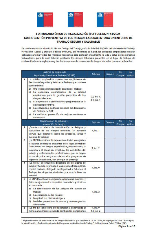 Formulario único de fiscalización (FUF) del ds N°44/2024 sobre gestión preventiva de los riesgos laborales para un entorno de trabajo seguro y saludable